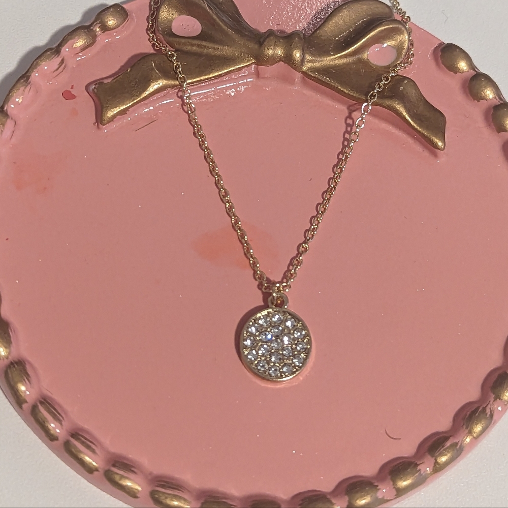 Gold Rhinestone Covered Charm Necklace New!